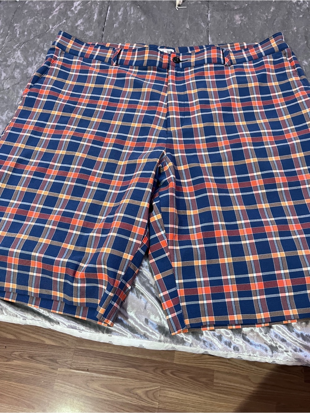 adidas Men's Plaid Flat Front Shorts in Blue, Orange & Cream